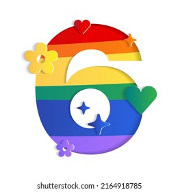 6 Numeric Number Character Letter Abstract White Lively Flower Heart Sparkle Shine Pride Month LGBTQIA+ Rainbow ​Colorful Red Orange Yellow Green Blue Violet 3D Paper Cutout Card Vector Illustration
