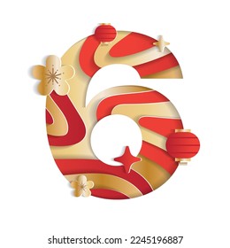 6 Numeric Number Chinese New Year Concept Character Font Letter Abstract Paper Flower Lantern Lunar Festival Element Sparkle Shine Gradient Gold Red 3D Paper Layer Cutout Card Vector Illustration