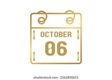 6 October calendar icon text page monthly web design on golden and white background vector, icon, or illustration with the month of October 6