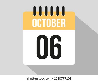 6 October calendar vector icon. Yellow october date for the days of the month and week