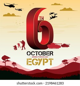 6 October Egypt war poster with 3D 6 and with flag, soldier, mountains, and jet silhouette with Background