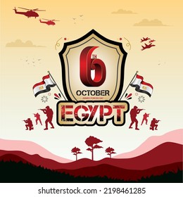 6 October Egypt war poster with emblem and with flag, soldier, mountains, and jet silhouette with Background