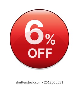 Botão de desconto vermelho de 6% de desconto. Seis por cento de desconto na venda de compras emblema em vermelho. Símbolo de oferta especial. Ilustração vetorial.