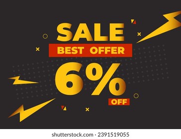 6% off sale best offer. Sale banner with six percent of discount, coupon or voucher vector illustration. Yellow and red template for campaign or promotion.