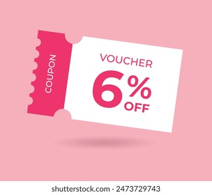 6% off Sale Voucher Coupon. Six percent promotion illustration. Tag label, sale banner with discount coupon. Pink Vector gift voucher.