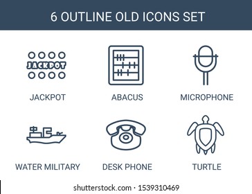 6 old icons. Trendy old icons white background. Included outline icons such as Jackpot, abacus, microphone, water military, desk phone, turtle. old icon for web and mobile.