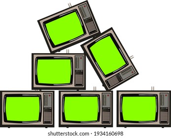 6 old televisions stacked on top of each other. Green screen. Green chroma key.