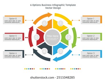 6 options business infographic template, theme of colorful divided hexagon and arrow with text frame on each sides