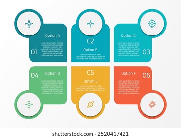 6 opções modelo de infográfico de negócios, tema de forma quadrada arredondada com círculo e símbolos específicos, também com quadro de texto