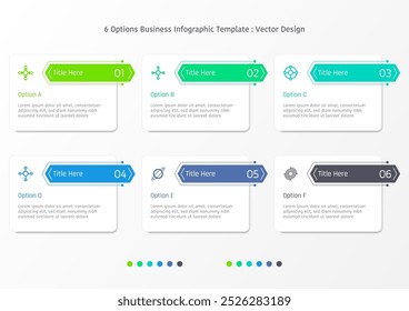 6 options business infographic template, theme of rectangular frame with long hexagon bar, also with symbols and text title