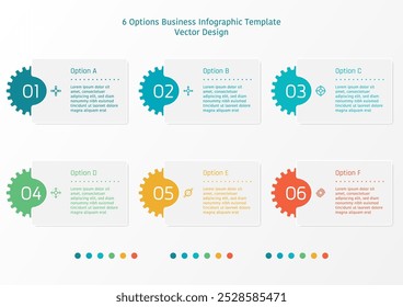 6 options business infographic template, theme of rectangle frame with gear on the left side, also with number and symbols