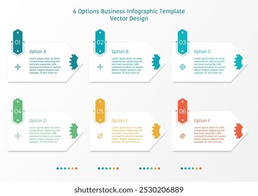 6 opções modelo infográfico de negócios, tema de forma pentágono com parte da engrenagem, bem como símbolos e número