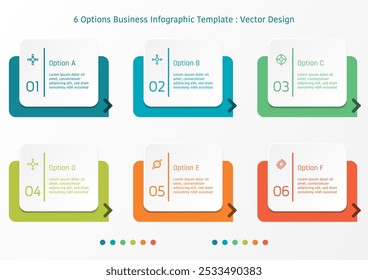 6 opciones Plantilla de infografía de negocios, tema del marco del rectángulo con los símbolos y la flecha, también con el marco del texto