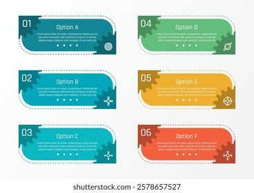 6 options business infographic template, theme of colorful rectangle bar with a quarter of gear shape at two opposite corners