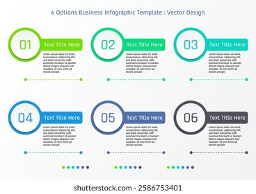 6 options business infographic template, theme of number on circle button with small rectangular bar, also with text frame and dash line