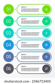 6 options business infographic template, theme of number on colorful circle frame with rounded corner rectangular bar for text frame