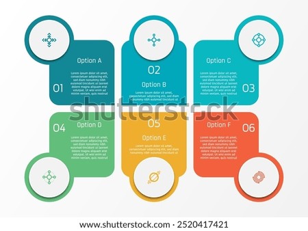 6 options business infographic template, theme of rounded square shape with circle and specific symbols, also with text frame