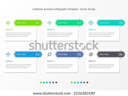 6 options business infographic template, theme of rectangular frame with long hexagon bar, also with symbols and text title