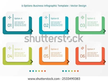 6 options business infographic template, theme of rectangle frame with symbols and arrow, also with text frame