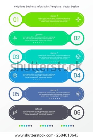 6 options business infographic template, theme of linked round corner rectangular bar and circle frame with number, also with symbols