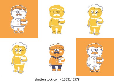 6 options for the image of an aged man with moustache in glasses, in shirt and pants, with the folder in his hands, flat design character. Vector illustration, seamless pattern.