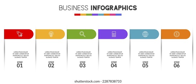  6 Optionen Infografik Design Vorlage und Symbole. Verwendung als Workflow-Prozessdiagramm, Geschäftsdatendarstellung, Zeitplanlayout, Meilenstein, Banner, Broschüre, Flussdiagramm