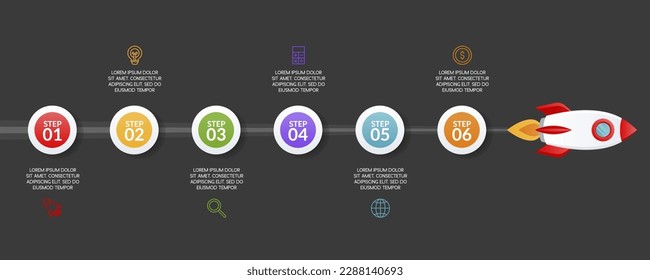 6 Optionen Infografik Design Vorlage mit Raketen und Symbolen. Verwendung als Workflow-Prozessdiagramm, Geschäftsdaten-Präsentation, Timeline-Layout, Meilenstein, Banner, Broschüre, Flussdiagramm, Start