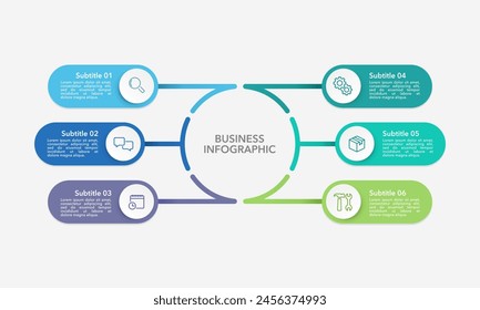 6 options or steps infographic circle design template. Diagram, annual report, marketing, planning, business presentation, and organization. Vector illustration.