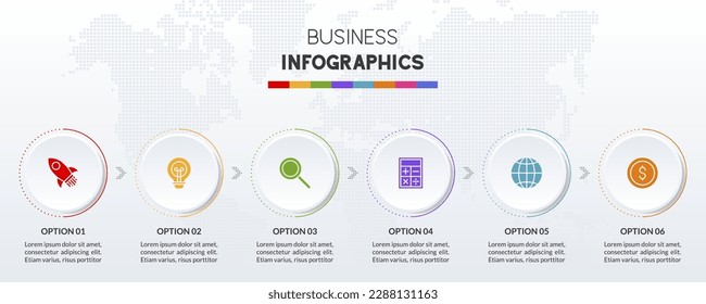 6 opciones o 6 pasos Plantilla de diseño de infografías con fondo de mapa e iconos. utilizar como diagrama de procesos de flujo de trabajo, presentación de datos empresariales, diseño de línea de tiempo, hito, pancarta, folleto, diagrama de flujo