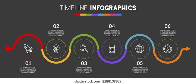 6 opciones o 6 pasos Plantilla de diseño de infografías e iconos lineales. utilizar como diagrama de procesos de flujo de trabajo, presentación de datos empresariales, diseño de línea de tiempo, hito, pancarta, folleto, diagrama de flujo