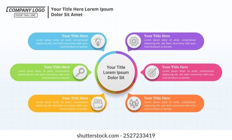 Infografía del diagrama de círculo de flujo de trabajo de 6 opciones para procesos comerciales, estrategia y marketing.