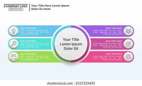 6 Options Workflow Circle Diagram Infographic with Editable Text for Business Process, Strategy, and Marketing.