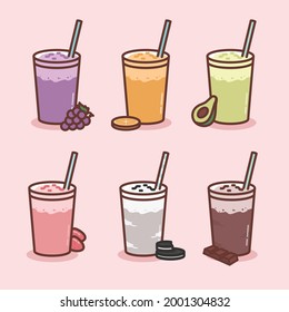 6 pack vector of drink milkshake fruit, grape, orange, avocado, strawberry, and chocolate