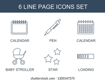 6 page icons. Trendy page icons white background. Included line icons such as calendar, pen, baby stroller, star, loading. page icon for web and mobile.