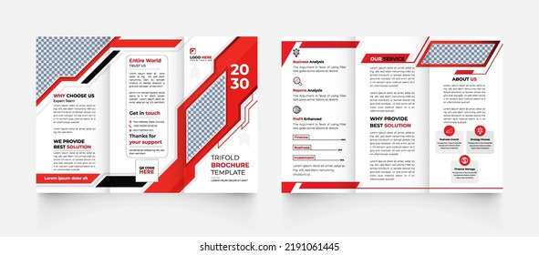 6 page tri-fold corporate annual report business agency brochure design template design with modern red and black creative shapes