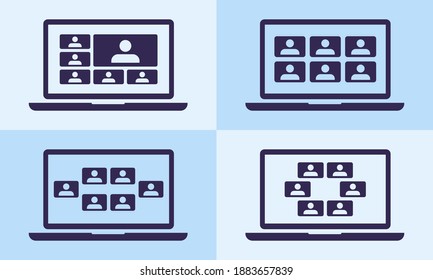 6 Panel Video Conference Online Meetings Teleconference On Laptop Icon Virtual Chat Symbol Sign. Suitable For Online School Class, Work From Home WFH, Web Seminar Or Webinars Student Group Infographic