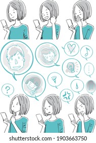 6 patterns of facial expressions of women using mobile phones 