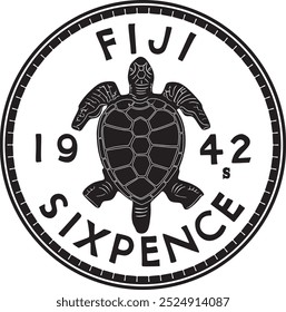 6 pence coin vector design Fiji currency with turtle in black color, handmade silhouette.