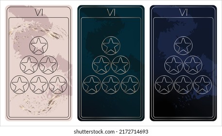 6 of Pentacles. A card of Minor arcana one line drawing tarot cards. Tarot deck. Vector linear hand drawn illustration with occult, mystical and esoteric symbols. 3 colors. Proposional to 2,75x4,75 in