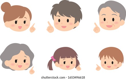 6 people family smile set point face