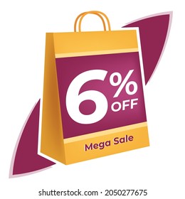 6 percent off. 3D Yellow shopping bag concept in white background.