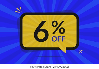 6 percent off. 6% discount. Blue and Yellow banner with floating balloon for promotions and offers.