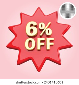 6 Percentage Off Sale Discount Number Red 3D