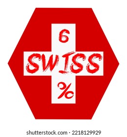 6% percentage Swiss with Flag color vector art illustration with stylish font, white and red color. Sign label. Hexagon Shape.