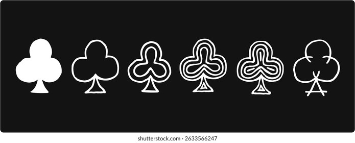 6 perfect handdrawn icons of clubs for a poker card game. White ink on black. Different lines inside of the clubs, and a construction version as well.