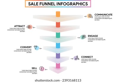 6 Phase Funnel Diagram in Glassmorphism Style. Triangle Shape with Cylinder Pipeline Infographic Template Illustration for Business Report.