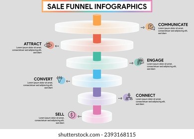 6 Phase-Funnel-Diagramm im Glassmorphismus-Stil. Circle Shape mit Cylinder Pipeline Infografik Template Illustration for Business Report.