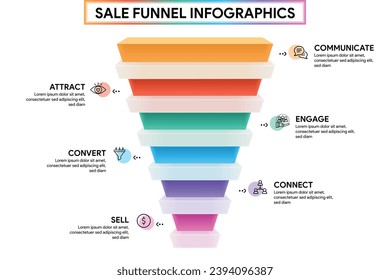 6 Phase-Funnel-Diagramm im Glassmorphismus-Stil. Rectangle Form mit Cylinder Pipeline Infografik Template Illustration für Business Report.