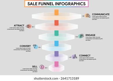 6 Phase Funnel Diagram in Glassmorphism Style. Hexagon Shape with Cylinder Pipeline Infographic Template Illustration for Business Report.