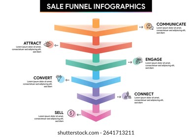 6 Phase Funnel Diagram in Glassmorphism Style. Triangle Shape with Cylinder Pipeline Infographic Template Illustration for Business Report.